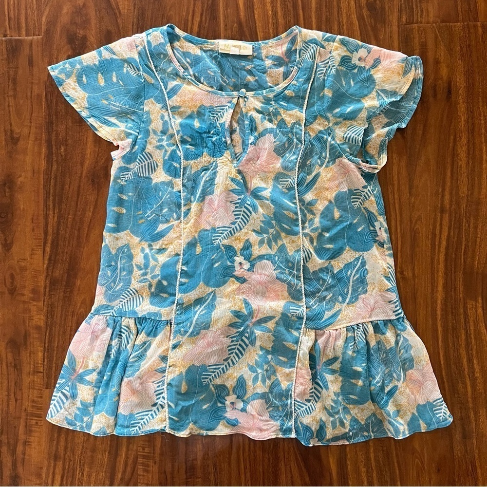 ModCloth Blue Floral Ruffle Sheer Blouse size small